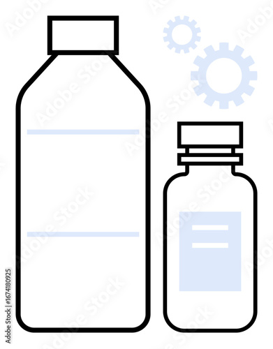 Two medicine bottles of different sizes in simple outline style with overlaying gear elements. Ideal for healthcare, pharmacy, product design, packaging, medical innovation, production process