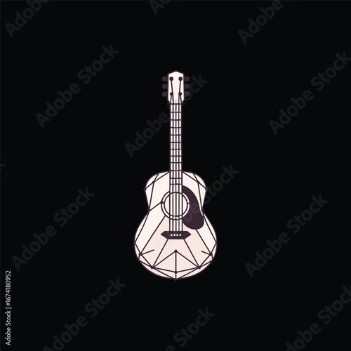 Geometric acoustic guitar design on a black background, showcasing modern art style and creativity