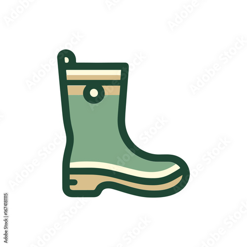 Green rubber boot with a sleek design, set against a minimalistic background, ideal for outdoor activities