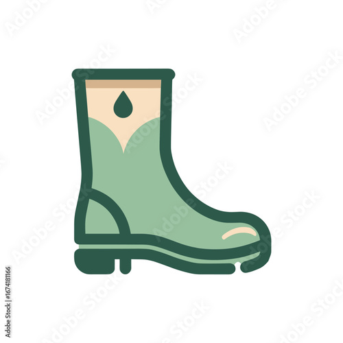 Green rubber boot with a water droplet design, set against a clean white background