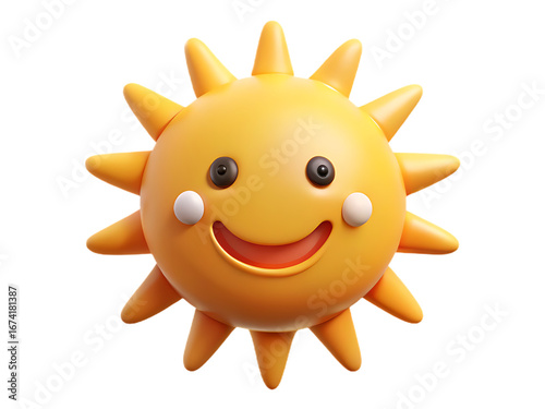 Cheerful 3d cartoon sun with smiling face and warm rays radiating sunshine joy transparent background