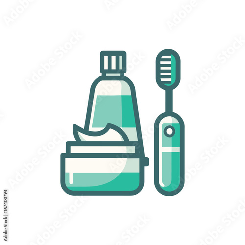 Illustration of a toothbrush and toothpaste beside a cream container on a clean background
