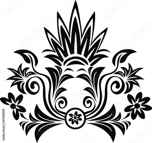 Black ornate floral scrollwork with flowers and leaves on white background decorative