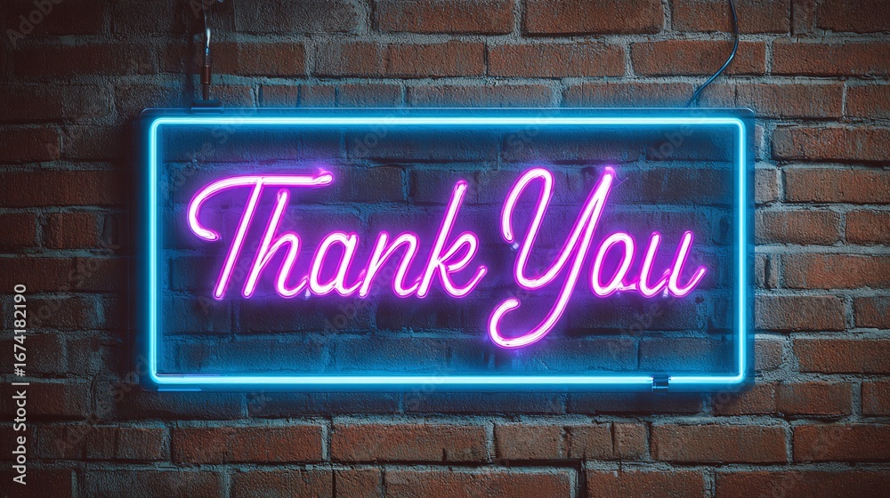 Obraz premium Bright neon sign on a brick wall displaying the message of gratitude and appreciation with colorful lighting.