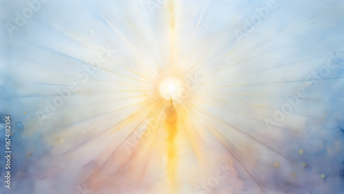 Abstract radiant light burst with soft hues in a serene watercolor composition