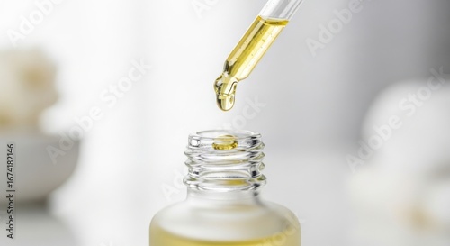 Medical Dropper Dispensing Oil Into Glass Bottle in Bright Clinic Setting