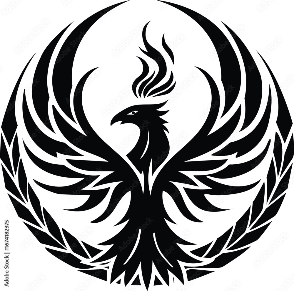 Obraz premium Black phoenix emblem with outstretched wings and laurel wreath symbol mythical