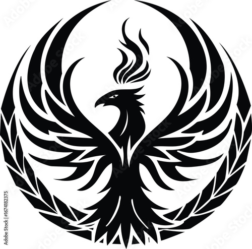 Black phoenix emblem with outstretched wings and laurel wreath symbol mythical