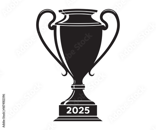 Black and White Trophy Cup Illustration with 2025 Base – Classic Symbol of Achievement