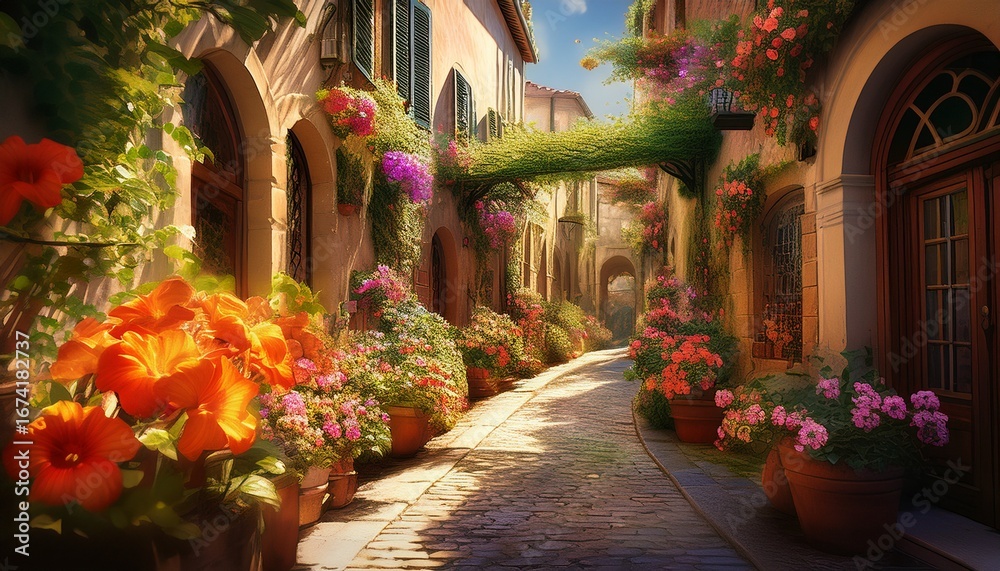 Fototapeta premium quaint european alleyway filled with flowers