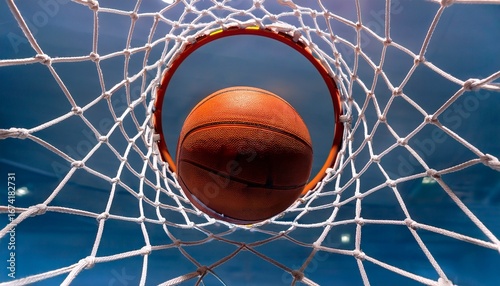 orange basketball resting in white net of basketball hoop image