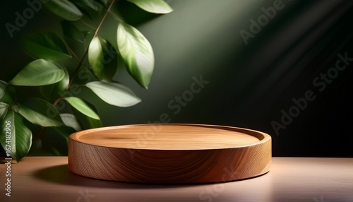 round wooden podium for product presentation on dark background with shadows