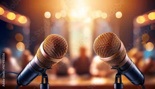 two microphones in focus podcast interview in soft focus background