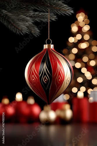 A beautifully designed red and gold ornament hangs in focus, with blurred lights and decorations behind it, capturing the festive spirit.