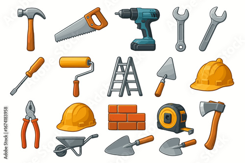 Collection of cartoon construction tools with hammer, saw, and drill
