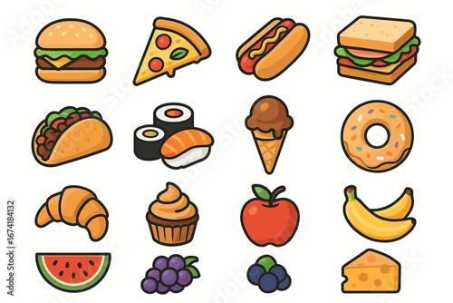 Assorted cartoon foods: pizza, burger, ice cream, and more