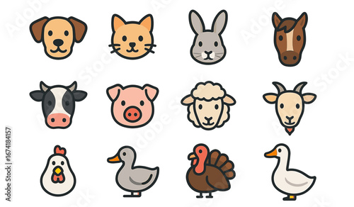 Cute farm and domestic animal faces: dog, cat, rabbit, horse, cow, pig, sheep, goat