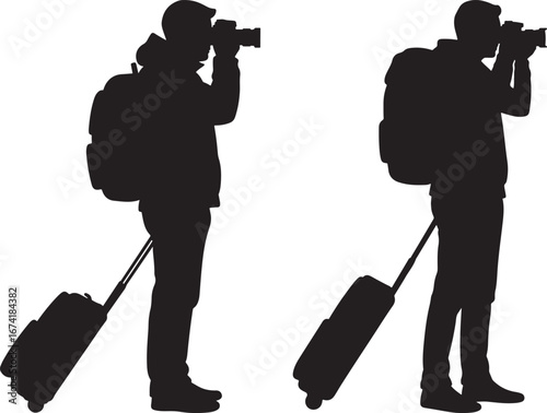 Two travelers with backpacks and luggage taking photos silhouette