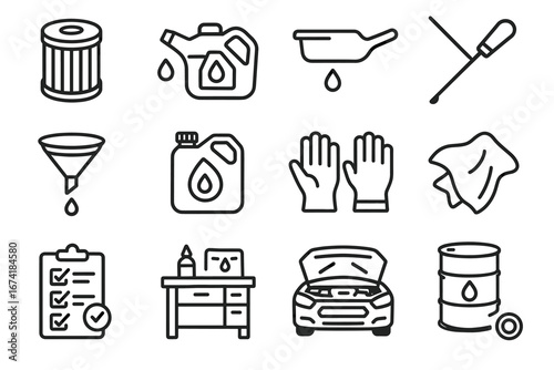 Automotive maintenance icons: oil change, filter, tools, and safety items