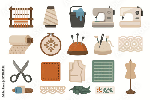 Sewing and craft tools: machines, scissors, fabrics, patterns, embroidery