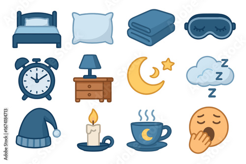 Sleep icons: bed, pillow, lamp, moon, alarm clock, sleep mask, yawn, cloud, nightcap, candle, tea, blanket