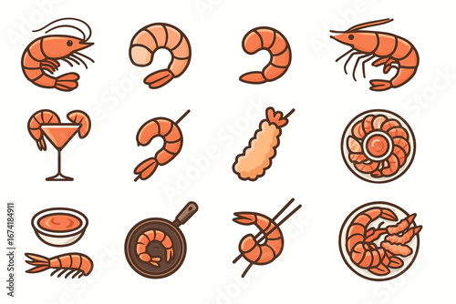 Shrimp icons: cartoon style illustrations of various shrimp dishes and icons