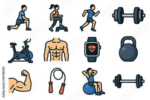 Fitness icons set: exercise, workout equipment, training, strength, cardio