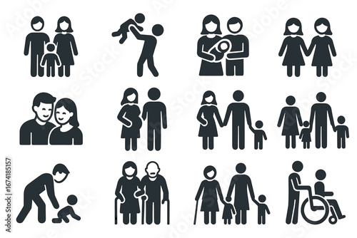 Black silhouette family icons: diverse relationships and activities