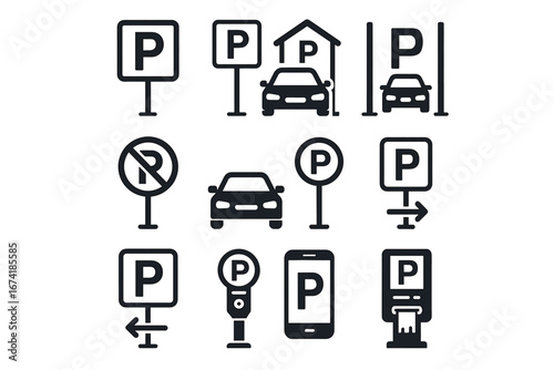 Set of parking symbols and icons including car signs and payment meters