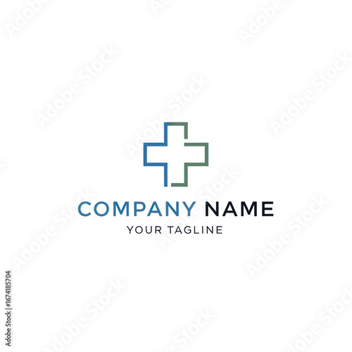 A minimalist logo featuring a blue and green cross, symbolizing healthcare, with the text "COMPANY NAME" and "YOUR TAGLINE" below.