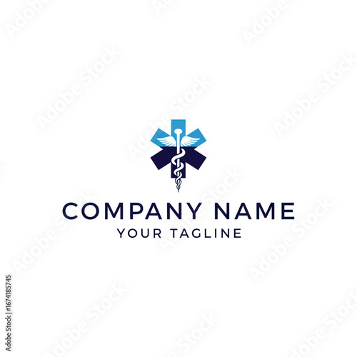Medical logo design featuring a stylized caduceus and a plus sign, suitable for a healthcare company or clinic.
