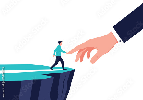 Helping hand guiding a small person across a dangerous chasm to safety and opportunity