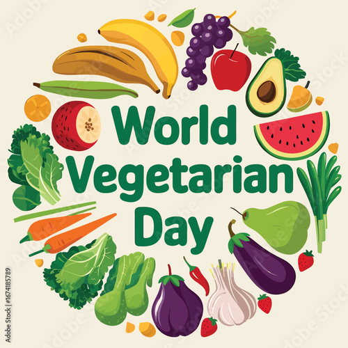 Vector art of world vegetarian day celebrated with a colorful circular arrangement of fresh fruits and vegetables, promoting healthy eating and a plantbased lifestyle