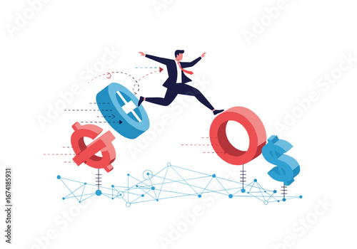 Businessman bravely jumps across financial currency symbols representing economic growth and opportunities