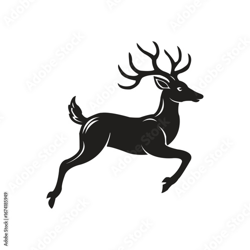 Black Silhouette of a Majestic Stag with Antlers Leaping deer buck
