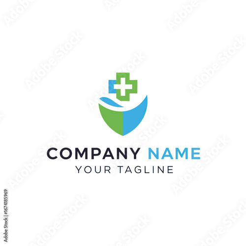 A modern medical logo featuring a green and blue shield with a white cross on top, symbolizing healthcare and protection.