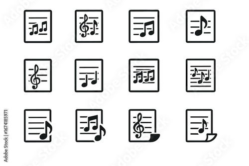 Set of musical note icons with treble clefs and sheets