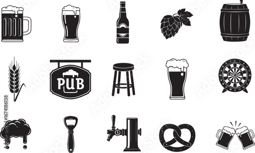 A collection of beer icons, including a mug, glass, bottle, hops, and a dartboard.