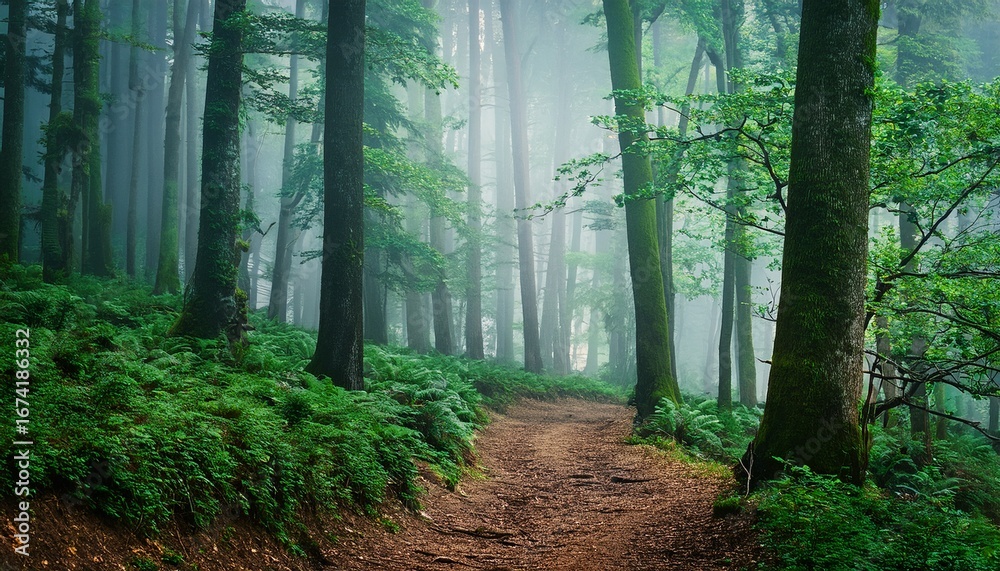 Obraz premium dark green forest with trees and plants path leading deeper in woods during day foggy mysterious landscape in nature ultrawide banner size
