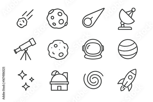 Space exploration icons: telescope, astronaut helmet, rocket, meteor, satellite, observatory