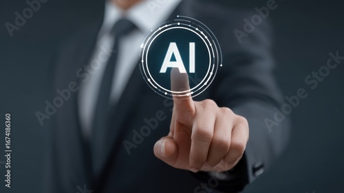 Business Professional in Suit Touching AI Icon with Futuristic Background Representing Technology Innovation and Digital Transformation Interface Concept