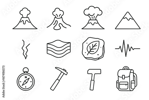 Line art geology icons featuring volcanoes, mountains, seismograph, compass, tools, and backpack