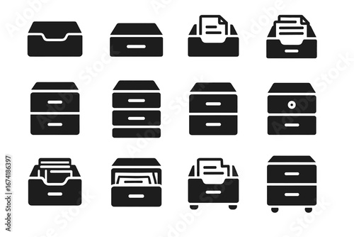 Set of black filing cabinet and storage drawer icons