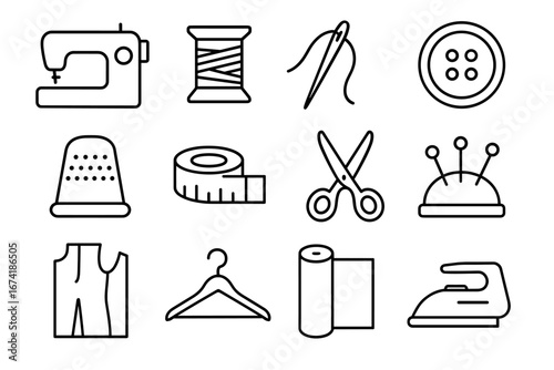 Sewing kit icons: machine, needle, thread, scissors, tape, iron, thimble, hanger, fabric, button