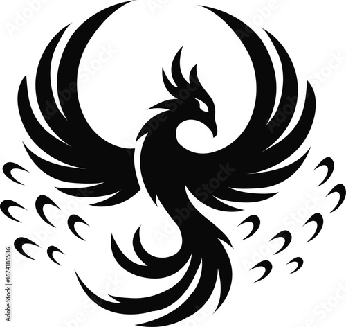Black silhouette of a mythical phoenix bird with spread wings legend