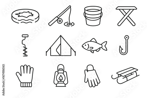 Outline icons of fishing, camping, and winter gear including ice fishing, fish, tent, sled