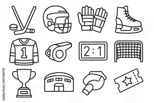 Hockey equipment and icons: sticks, helmet, skates, goal, and more
