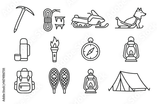 Essential winter adventure gear icons: snowmobile, ice axe, camping, and more