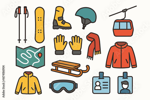 Colorful winter sports icons set: gear and equipment essentials