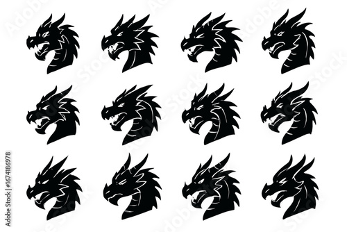 Silhouette collection of fierce dragon heads in various expressions and styles